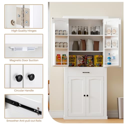HollyHOME 72" Kitchen Pantry Cabinet, Storage Cabinet with 4 Doors and 1 Drawer, Freestanding Cupboard with Adjustable Shelves and 6 Door Shelves for Kitchen, Dining Room, Living Room, White