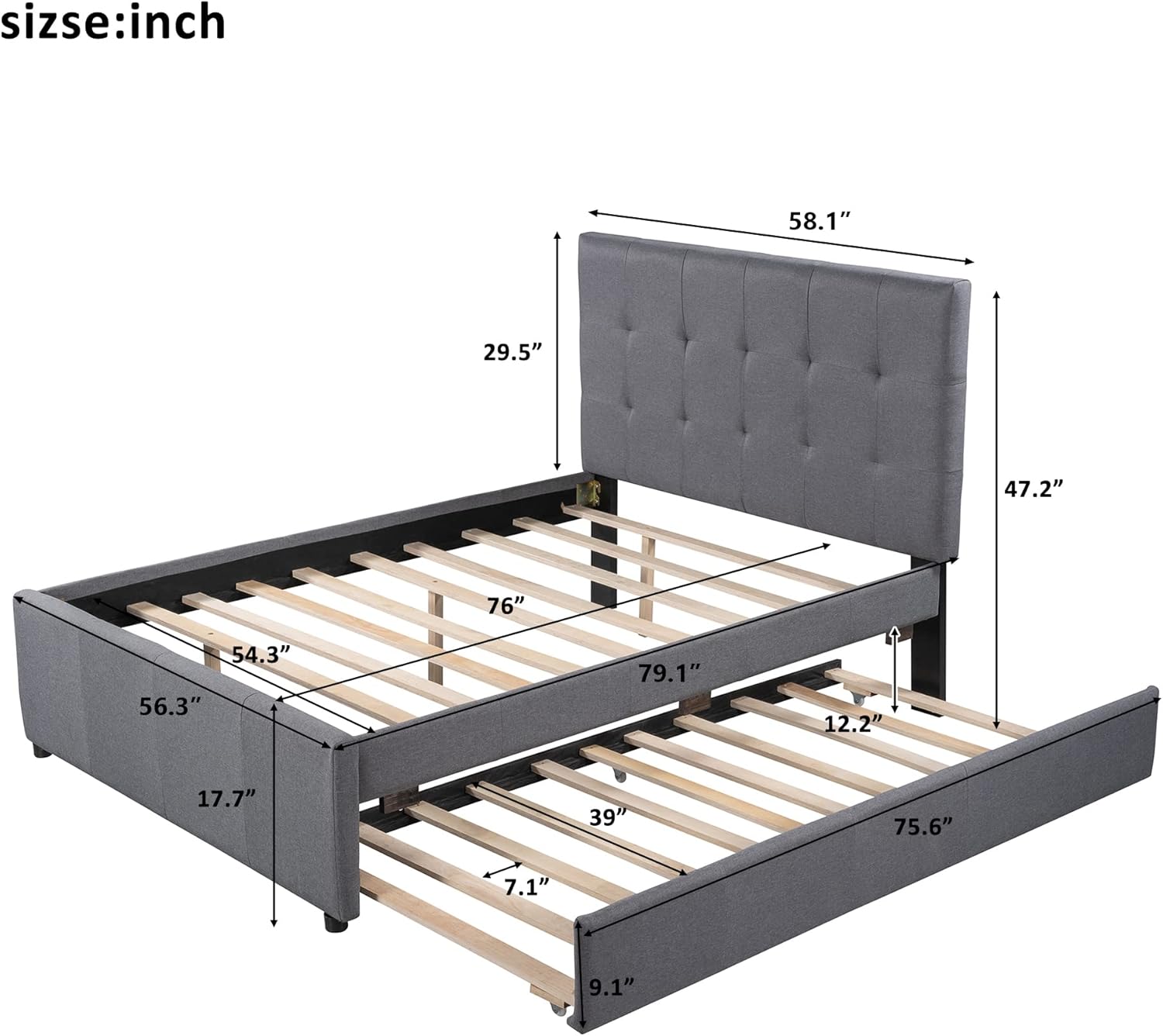 Bellemave Upholstered Full Size Platform Bed Frame with Trundle and Headboard, Linen Fabric Simple Style, Solid Wooden Slats Support, No Box Spring Needed, Grey