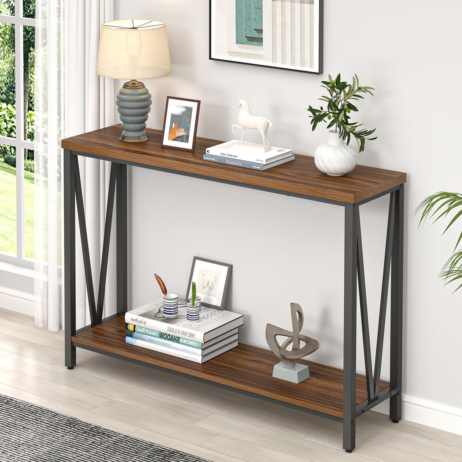 FOLUBAN Modern Coffee Table End Table and Entryway Table with Storage Shelf for Living Room, Rustic Walnut