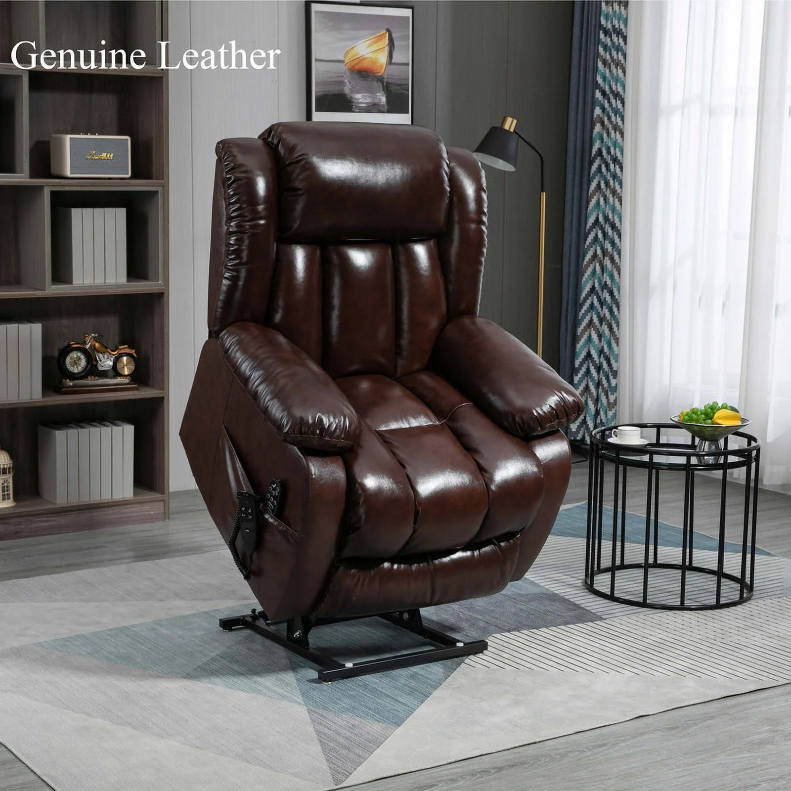 Oversized Dual Motor Lay Flat Power Lift Recliner Chairs for Elderly Adults,Brown Leather Electric Recliners Chair with 8-Point Vibration Massage Lumbar Heating,2 Side Pocket,23" Seat Width