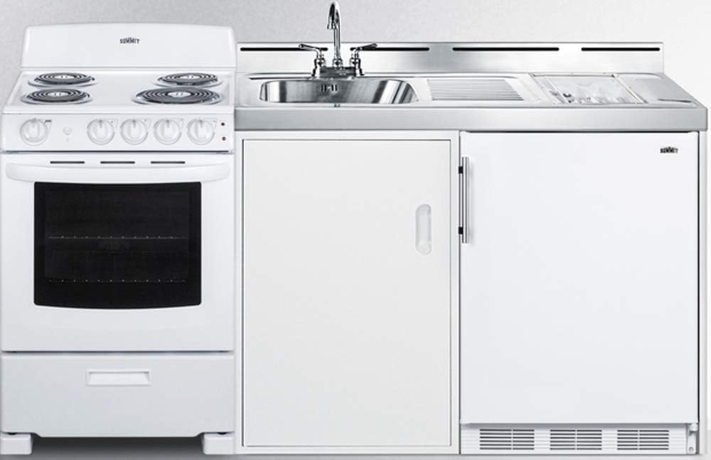 Summit Appliance ACK72COILW 72" Wide All-in-One Kitchenette with 220V 4-Element Electric Coil Range, Refrigerator-Freezer, Sink, Cutting Board and Cutlery Storage, and a Storage Cabinet