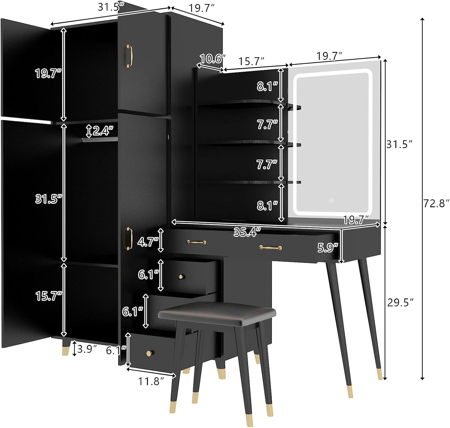 Black Makeup Vanity Desk with 4 Door Bedroom Closet, Lights Mirror, Black Vanity Table and Stool Set, Dressing Table with Armoire Wardrobe Set, Vanity Desk and Tall Storge Cabinet 170 x 50 x 185CM