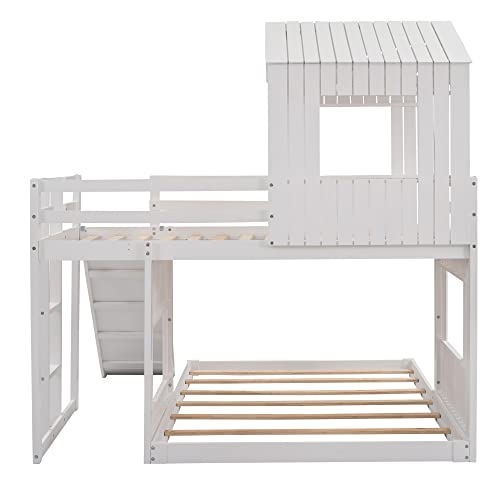 Harper & Bright Designs House Floor Bunk Beds with Slide, Wooden Twin Over Full Bunk Beds with Slide, Roof and Guard Rail for Kids, Teens, No Box Spring Needed (White, Twin Over Full Size)