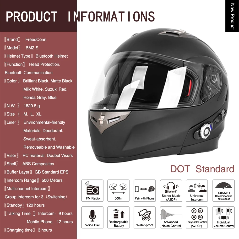Martian Motorcycle Bluetooth Helmet Full Face Dual Visor Bluetooth Headset: HM-BH2 Matt Black