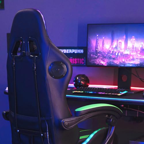 Gaming Chair Massage with Bluetooth Speakers and Led Lights Ergonomic Computer Gaming Chair with Footrest RGB Video Game Chair with High Back Lumbar Support White and Black