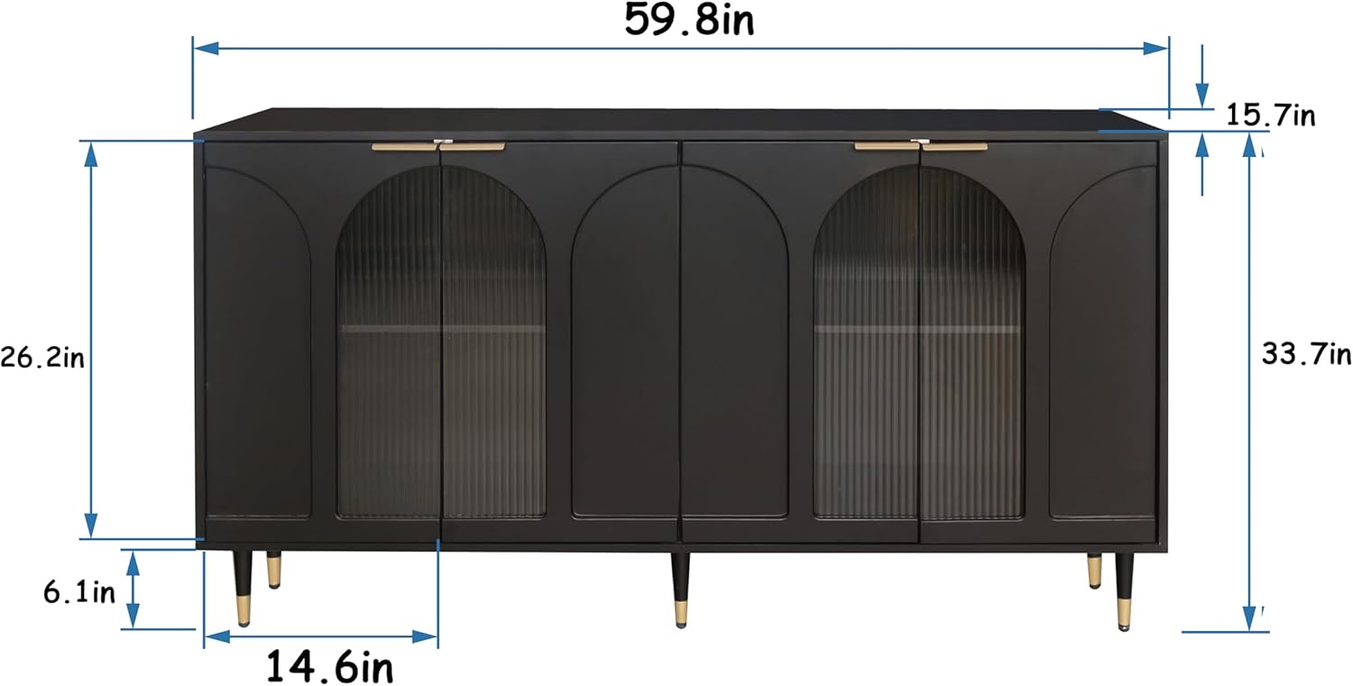 Buffet Cabinets with Lockers, Accent Lockers with Black Lacquered Wood and 4 Fluted Glass Doors, with Metal Legs, Modern Kitchen Sideboards, Used in Living Rooms,Entryway,Dining Rooms.