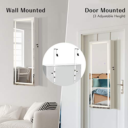 Giantex Jewelry Cabinet Armoire Door Wall Mount, 47.2in Lockable Touch Screen Lighted Full Length Mirror, 3 Lighting Settings, Inside Makeup Mirror, Jewelry Storage Box Organizer (Black)