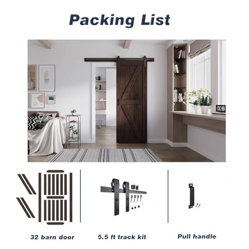 FREDBECK 36in x 84in Brown Barn Door with 6.6ft (79inch) Barn Door Hardware Track Kit and Handle Included, Double Surfaces,Simple Assembly is Required,K-Frame,Coffee