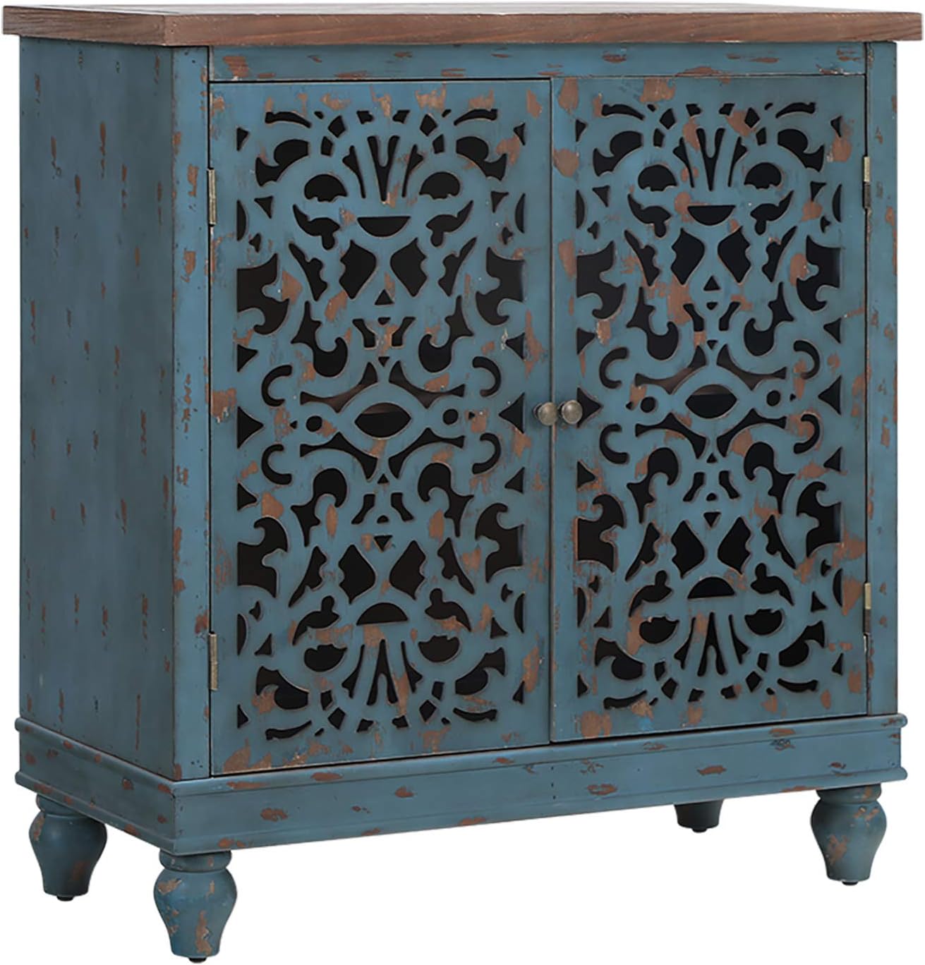 Sophia & William Storage Cabinet with 2 Doors, Accent Display Storage Organizer Distressed Console Cabinet with Wooden Frame and Hollow-Carved Floral Pattern for Entryway Living Room Bedroom, White