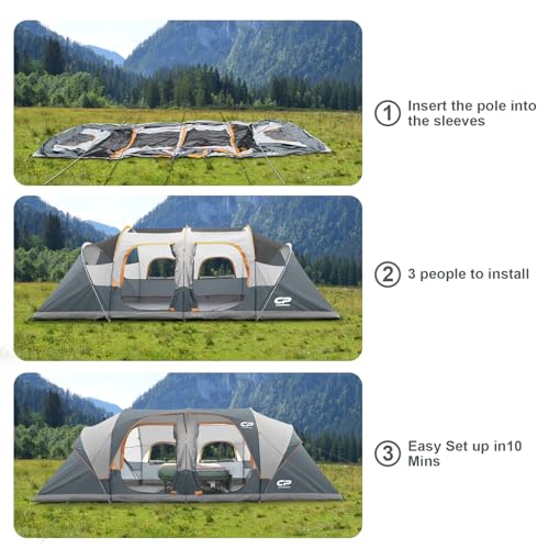 CAMPROS CP Tent 12-Person-Camping-Tents,3 Room Family Tents,Waterproof Windproof Family Tent with Top Rainfly,6 Large Mesh Windows,Double Layer,Easy Set Up, Portable with Carry Bag-20' x 9' x 72"(H)