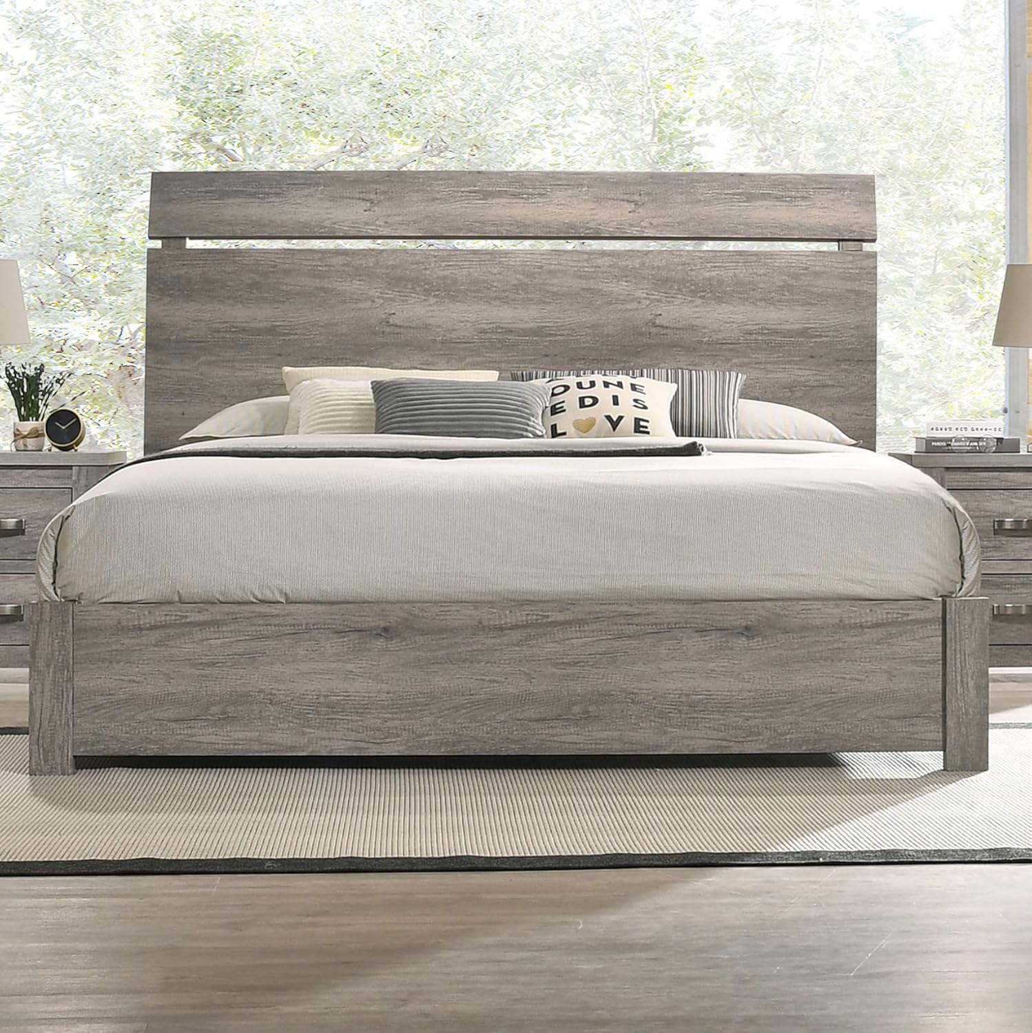 Roundhill Furniture Floren Contemporary Weathered Gray Wood Bedroom Set, Queen Panel Bed, Dresser, Mirror, Nightstand, Chest