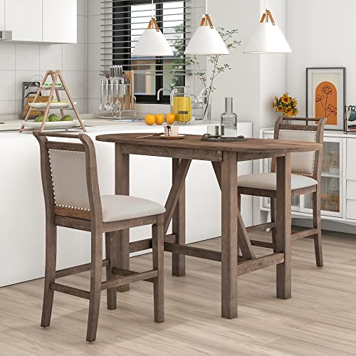 LUMISOL 3 Piece Drop Leaf Table Set, Drop Leaf Table and 2 Chairs, 3 Piece Dining Table Set for Living Room Dining Room Small Place, Counter Height Small Table Set for 2, White