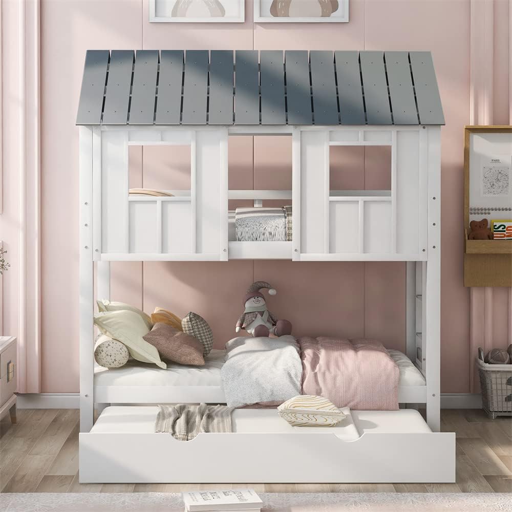 TRIPLE TREE Wood House Bunk Bed with Trundle, Twin Over Twin Bunk Bed with Full-Length Guardrails and A Ladder for Child Girls and Boys, Playhouse Bed with Roof, Windows and Solid Slat Support, White
