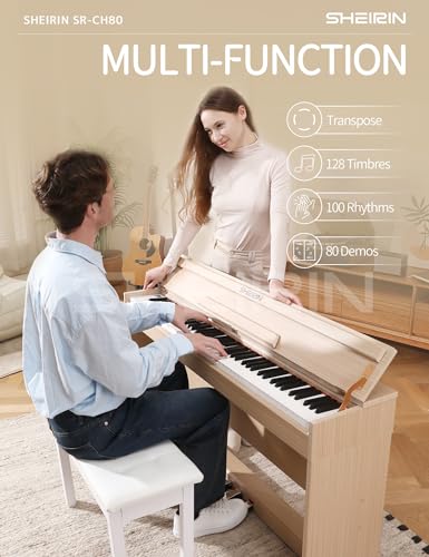Digital Piano Hammer Action Keyboard 88 Keys Upright Acoustic Electric Weighted Piano Beginner MIDI Cover Full Size Sustain Pedal Stand Real Professional SR-FH80 (Beige Full Cover)