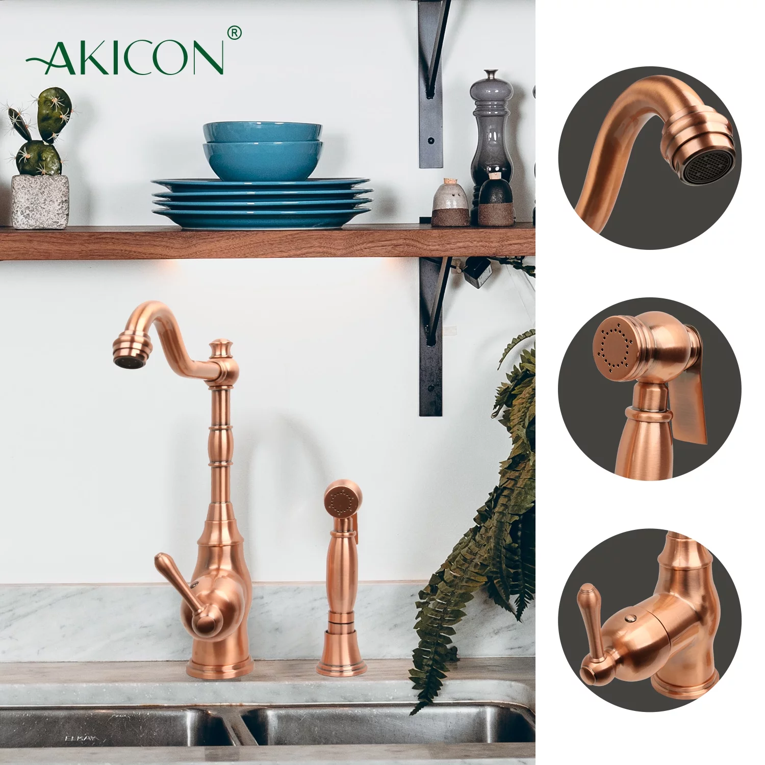 Akicon One-Handle Copper Widespread Kitchen Faucet with Side Sprayer Copper Copper Finish