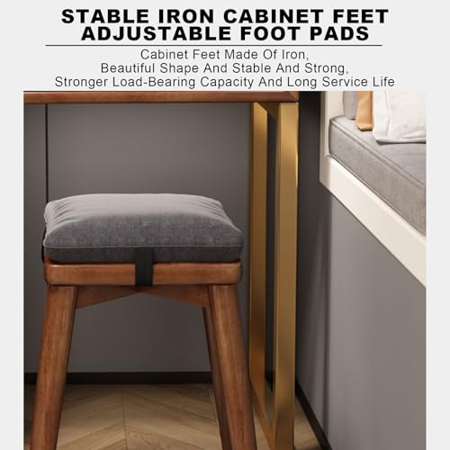 Wooden Makeup Desk for Bedroom Dressing Room Vanity Desk with Mirror and Lights 3 Lighting Color Adjustable Vanity with Drawers with Cushioned Stool for Women Girls Dressing Room.