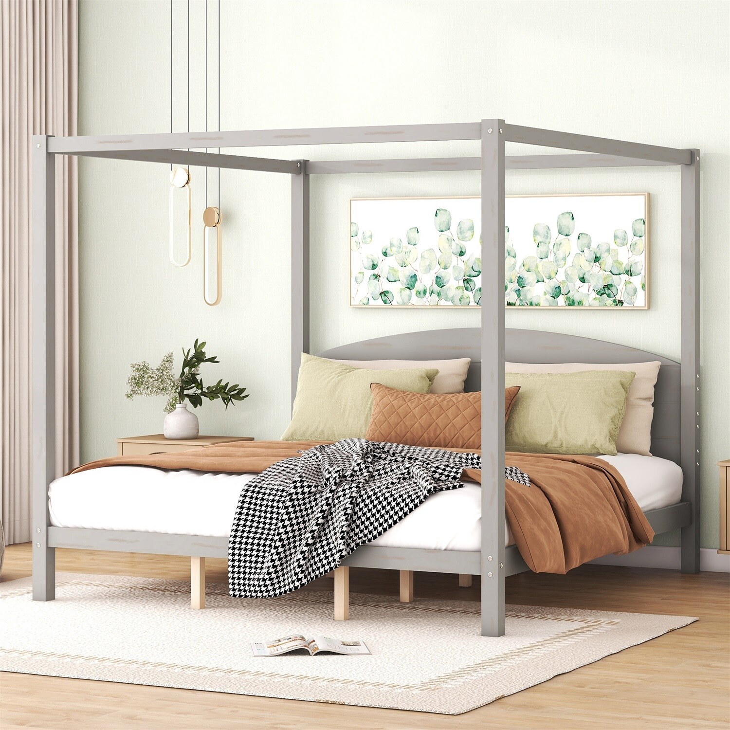 MERAX  Canopy Platform Bed with Headboard and Support Legs Grey Wash King