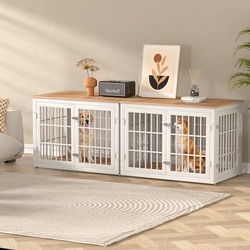 48 Inch Heavy Duty Dog Crate Furniture for Large Dogs, Decorative Pet House End Table, Extra Large Wooden Cage Kennel Furniture Indoor, Natural and White