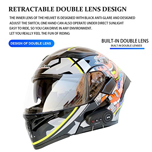 Modular Flip Up Front Motorcycle Helmets with Bluetooth Headset Full Face Street Bike Helmets Dual Visors DOT/ECE Approved Motorbike Helmet Automatic Answering Hands-Free Call