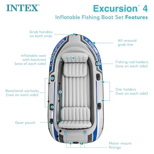 INTEX Excursion Inflatable Boat Series: Includes Deluxe 54in Boat Oars and High-Output Pump – SuperTough PVC – Adjustable Seats with Backrest – Fishing Rod Holders – Welded Oar Locks