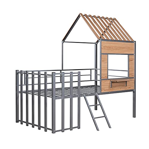 Harper & Bright Designs Kids House Beds Low Loft Bed Frame with Roof, Window, Guardrail and Ladder, Metal Twin Size Loft Bed for Kids Teens Girls Boys (Twin, White)
