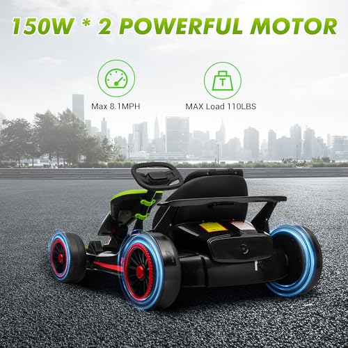 Go Kart, Electric Drift Kart Car with Adjustable Seat, 24V 7Ah Outdoor Ride On Toy, 2 * 200W Motor, 8.1 MPH, LED Lights, Toy Race Car for Kids 6-12 Years Old