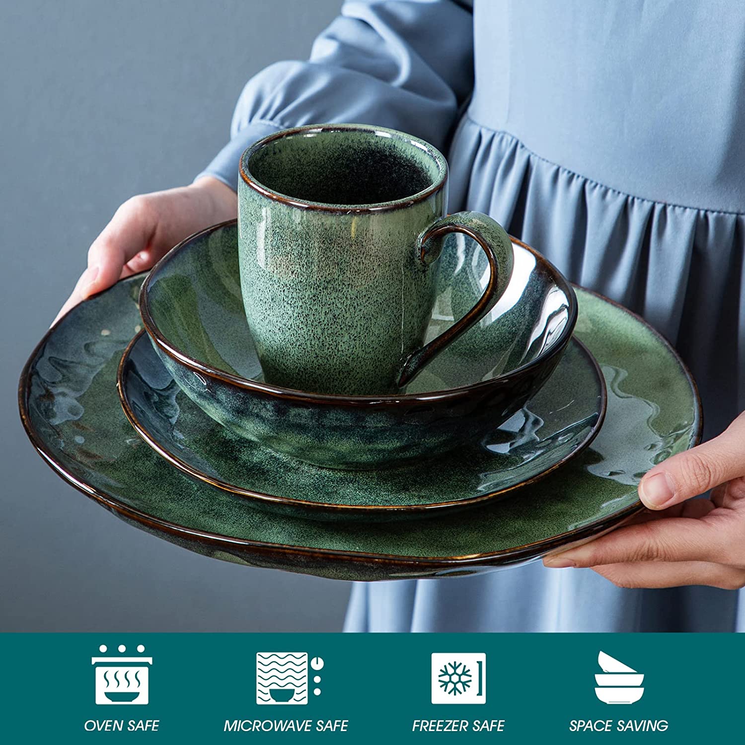 12 Pieces Blue-Green Dinnerware Set, Reactive Change Glaze Dinner Set, Plates and Bowls Set
