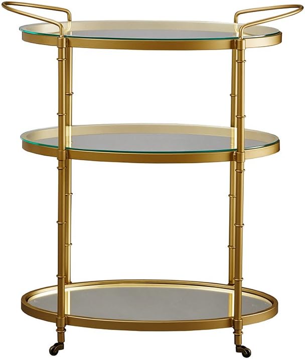 Antique Gold Bar Cart with Glass and Mirror Shelves – Vintage 1930s Inspired Rolling Beverage Serving Cart – 32.25Wx16Dx36H Inches – Low Profile Wheels – Assembly Required