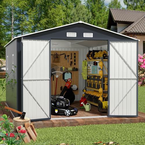 Outdoor Storage Shed 10 x 12ft. Utility Tool Shed Metal Storage Garden Shed with Lockable Doors, Windows & Metal Frame Floor for Patio Storage,Brown