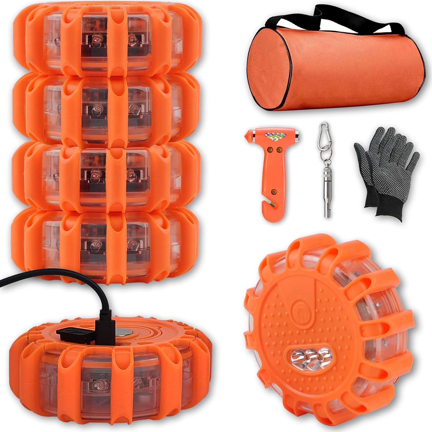 USB Rechargeable LED Road Flares Car Emergency Kit-Roadside Safety Discs Car Warning Safety Beacon Flashing Flares Kit Magnetic Hazard Lights with Window Breaker, Survival Whistle for Vehicles(12)