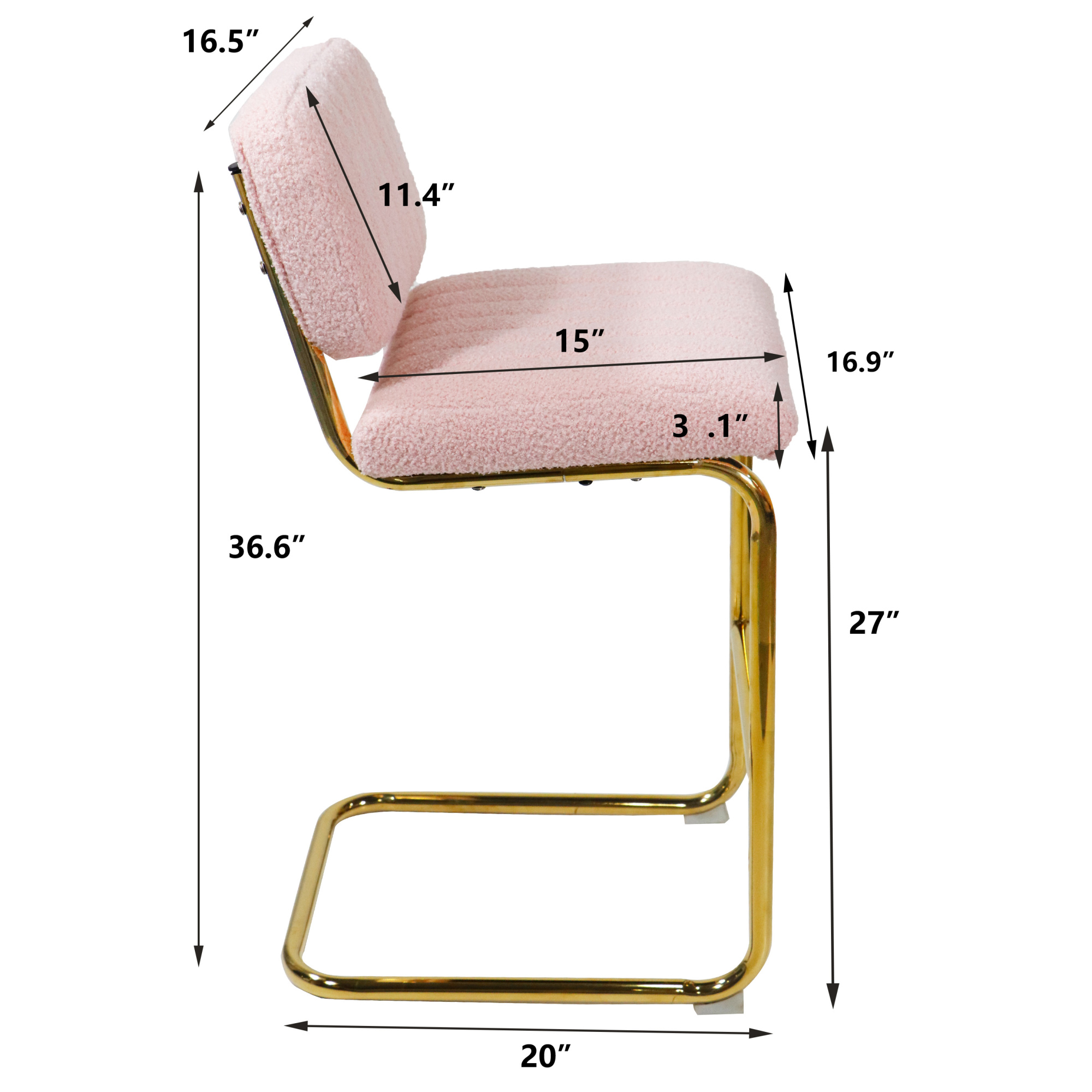 Mid-Century Modern Counter Height Bar Stools for Kitchen Set of 2, Armless Bar Chairs with Gold Metal Chrome Base for Dining Room, Upholstered Boucle Fabric Counter Stools, Pink