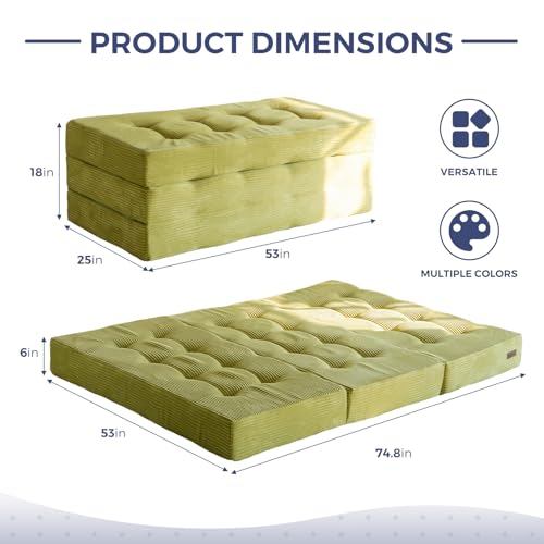 MAXYOYO Tri-Fold Mattress, 6 Inch Tufted Folding Mattress Full Foam Bed, Foldable Floor Mattress Guest Bed Mattress Topper Portable Camping Sleeping Bed with Corded Fabric, Black, 53"x75"