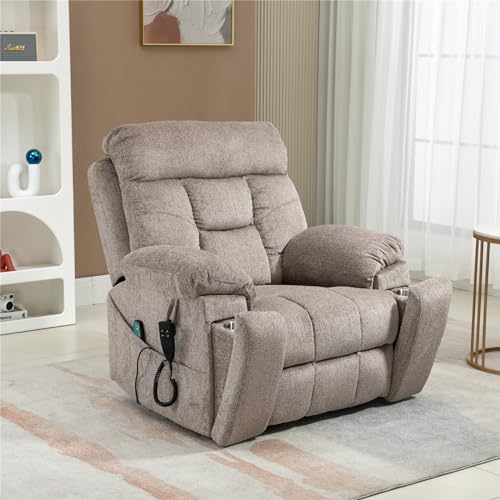 Light Grey Recliner Chair for Elderly | Tall and Big Man 400lbs | Chenille | Power Lift, Lay Flat, Stand Up, Wireless Charging Device, Extended Footrest, Massage Heat, Cup Holder, Lumbar Pillow