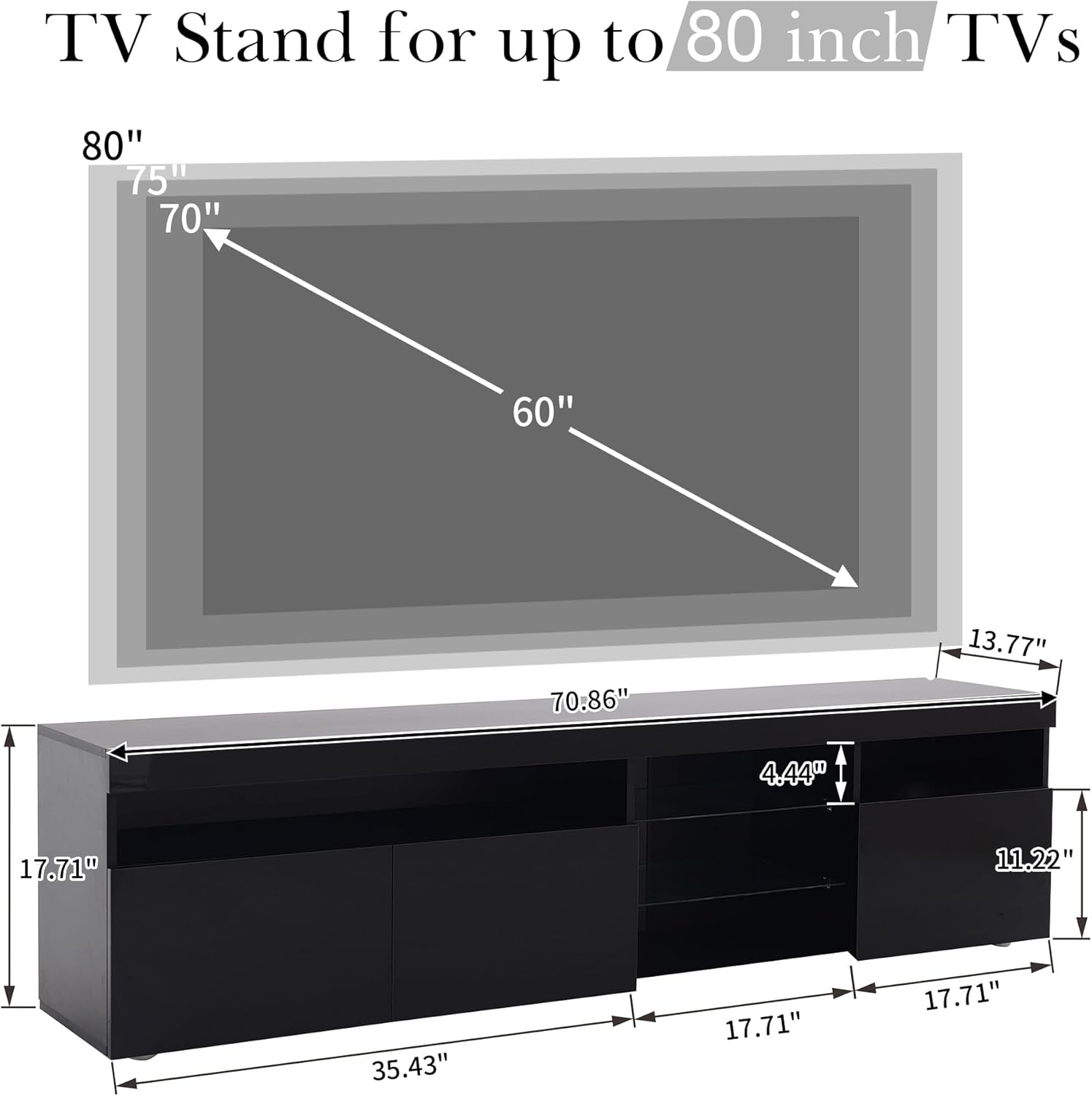 Modern Design TV Stands for TVs up to 80'', LED Light Entertainment Center, Media Console with Multi-Functional Storage, TV cabinet for Living room,Bedroom, Home Theatre (Black)