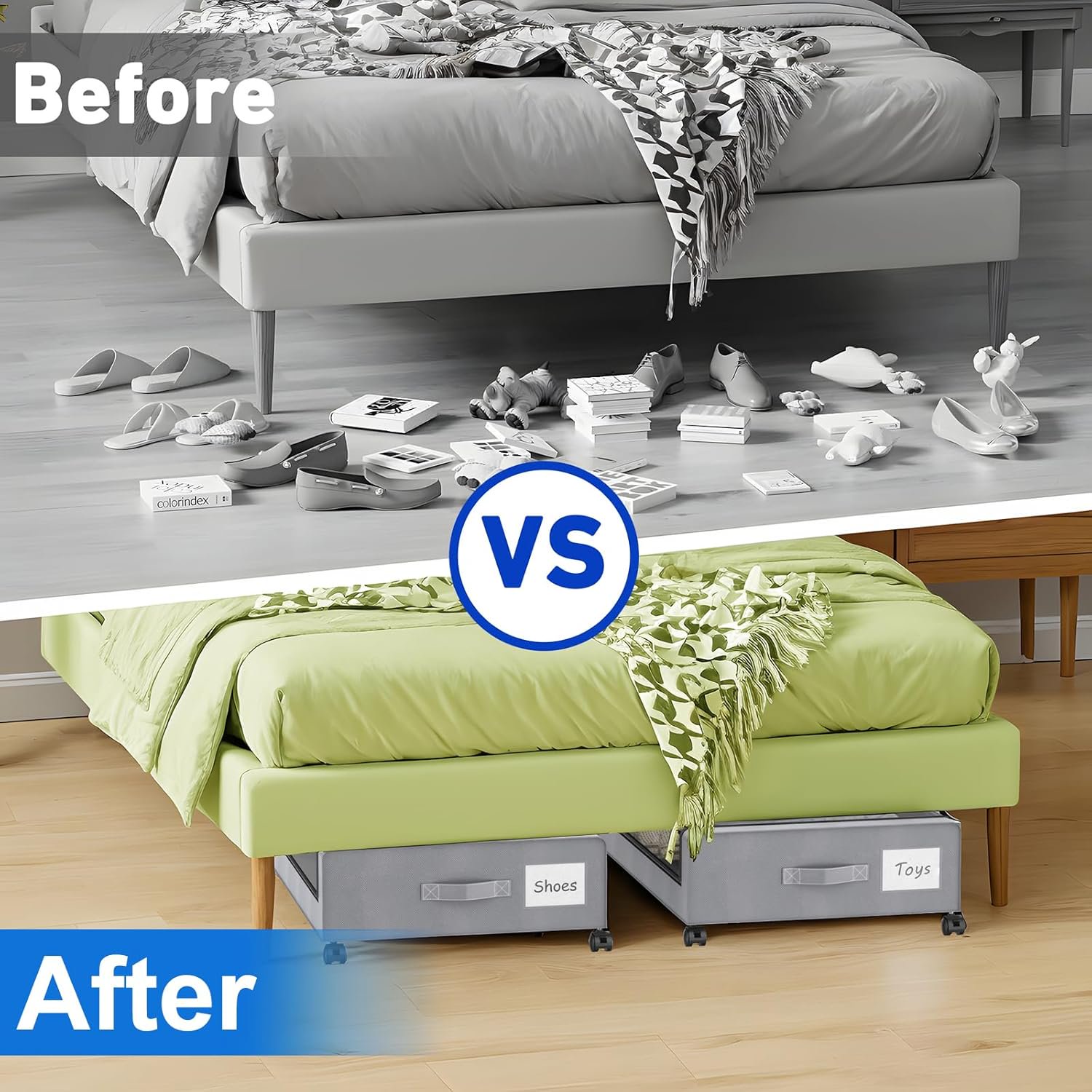 Under Bed Storage with Wheels, 4-Pack Under Bed Storage Containers with Clear Lids, XXL 60L Under the bed storage Organizer Bins, Rolling Under Bed Metal Drawer for Clothes,Shoes,Toys (Gray)