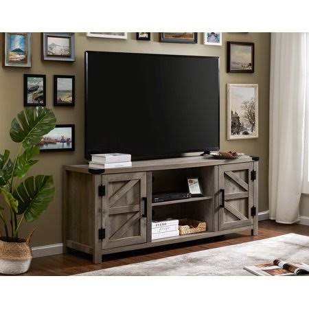 Fitueyes Farmhouse Barn Door Wood TV Stands for 70 inch Flat Screen, TV Console Storage Cabinet, Rustic Gray Wash Entertainment