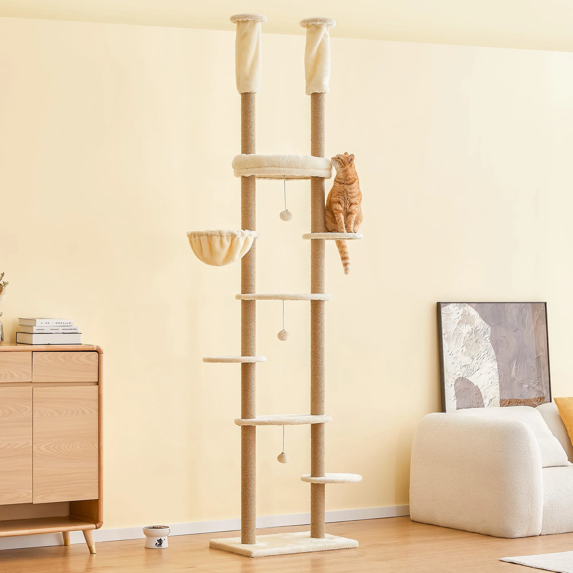 Furcato 92.1"-101.6" Adjustable Height Cat Tree, Floor to Ceiling Cat Tower, 7 Tiers Cat Climbing Tree with Hammock, Fully Sisal Scratching Posts for Indoor Cats, Beige