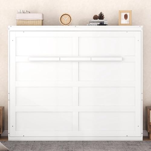 MERITLINE Queen Horizontal Murphy Bed Cabinet with Storage Bookcase Shelves and Charging Station,Wood Folding Grey Murphy Wall Bed for Adult