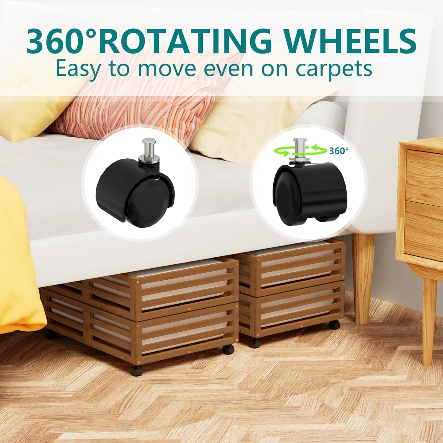 Bamboo Under Bed Storage Containers- Underbed Organizer with Wheels with Large Capacity Dust Bag,Sturdy Wood Rolling Under Bed Shoe Storage Organizer 2 Packs (Walnut, 2 Packs (33.07×16.54))