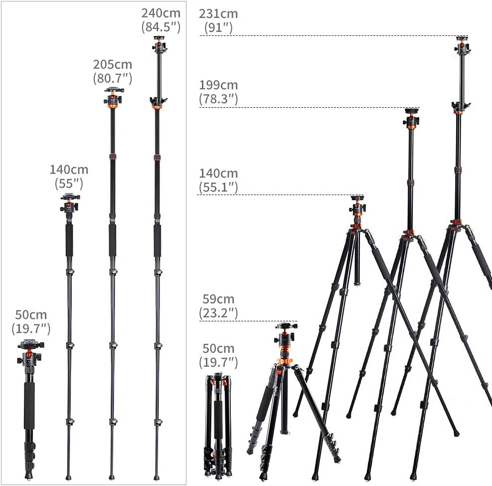 K&F Concept 78 inch DSLR Camera Tripods with Magnesium Alloy Rotatable Multi-Angle Center Column,Load Capacity up to 22lbs/10kg K234A7+BH-28L+Extension Arm Kits