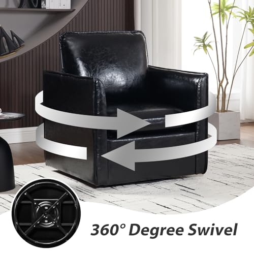 Swivel Accent Chair, Leather Upholstered Arm Chair with Back Pillow Mid Century Modern Barrel Chairs for Living Room, Bedroom, Corner, Club (Green)