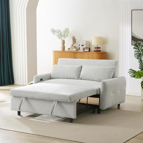 LUMISOL 4 in 1 Convertible Sofa Couch Bed, 57" Pull Out Sleeper Sofa Bed with USB Ports and Two Pillows, Modern Corduroy Fabric Loveseat Sofa Bed with Armrests for Living Room Small Space (Blue Grey)
