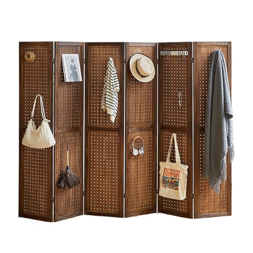4 Panel Room Divider with Shelves, 5.6Ft Pegboard Display with 16 Hooks,Soild Wood Room Divider, Folding Privacy Screen, Freestanding Display for Hoom Store (Natural)