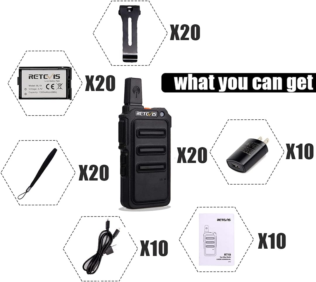 Retevis RT19 Walkie Talkies 20 Pack, Portable FRS Two Way Radios, Walkie Talkies for Adults, Small, Mini, Metal Clip, USB Rechargeable, for Commercial Business
