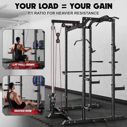 C1-V4 Power Cage, 2000LBS Squat Rack with LAT Pulldown, Multi-Function Weight Cage Strength Training Machine, Workout Cage with More Attachments for Home Gym Garage