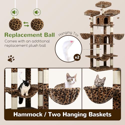 Globlazer Big Cat Tower for Indoor Cats, 80inch Cat Tower for Multiple Adult Cats XXL Cat Tree with Scratching Post, Hammock, 3 Perches, 2 Condos, 2 Hanging Basket, F80, Light Grey