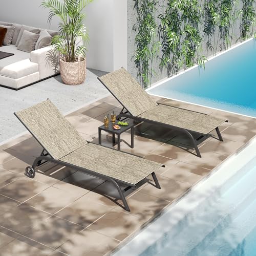 UDPATIO Chaise Lounge Outdoor Set of 3, Aluminum Lounge Chair with Removable Cushion Padding, 5 Adjustable Position Pool Lounger with Wheels and Side Table for Garden Poolside Patio (Beige)