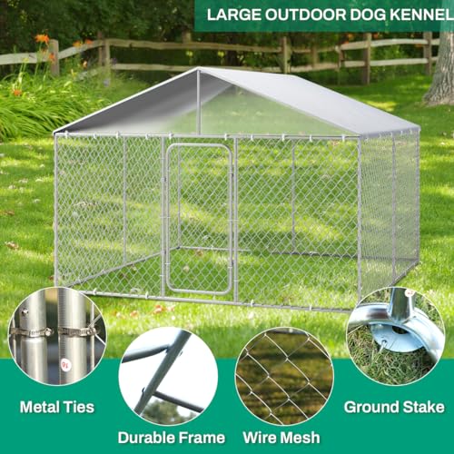 LEISU Outdoor Dog Kennel, Outside Dog Kennel with Roof, Large Dog Run Enclosure, Heavy Duty Dog Pens House, Pet Playpen with Galvanized Chain Link Waterproof Cover (8 x 8 FT)