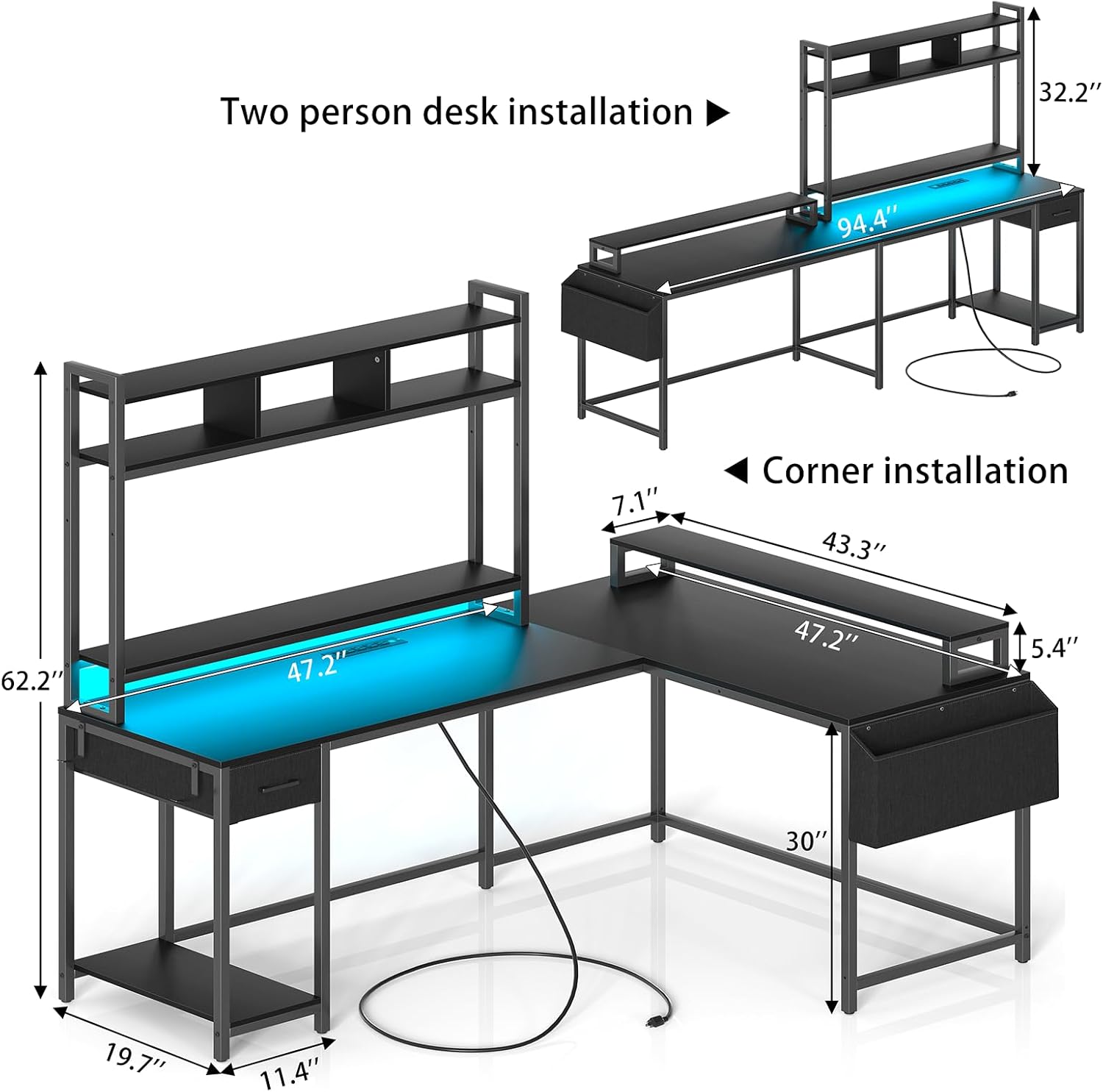 L Shaped Gaming Computer Desk with Monitor Shelf, Reversible Gaming Desk with Power Outlets & LED Lights,Extra Large Long Office Desk, Corner Desk for Home Office