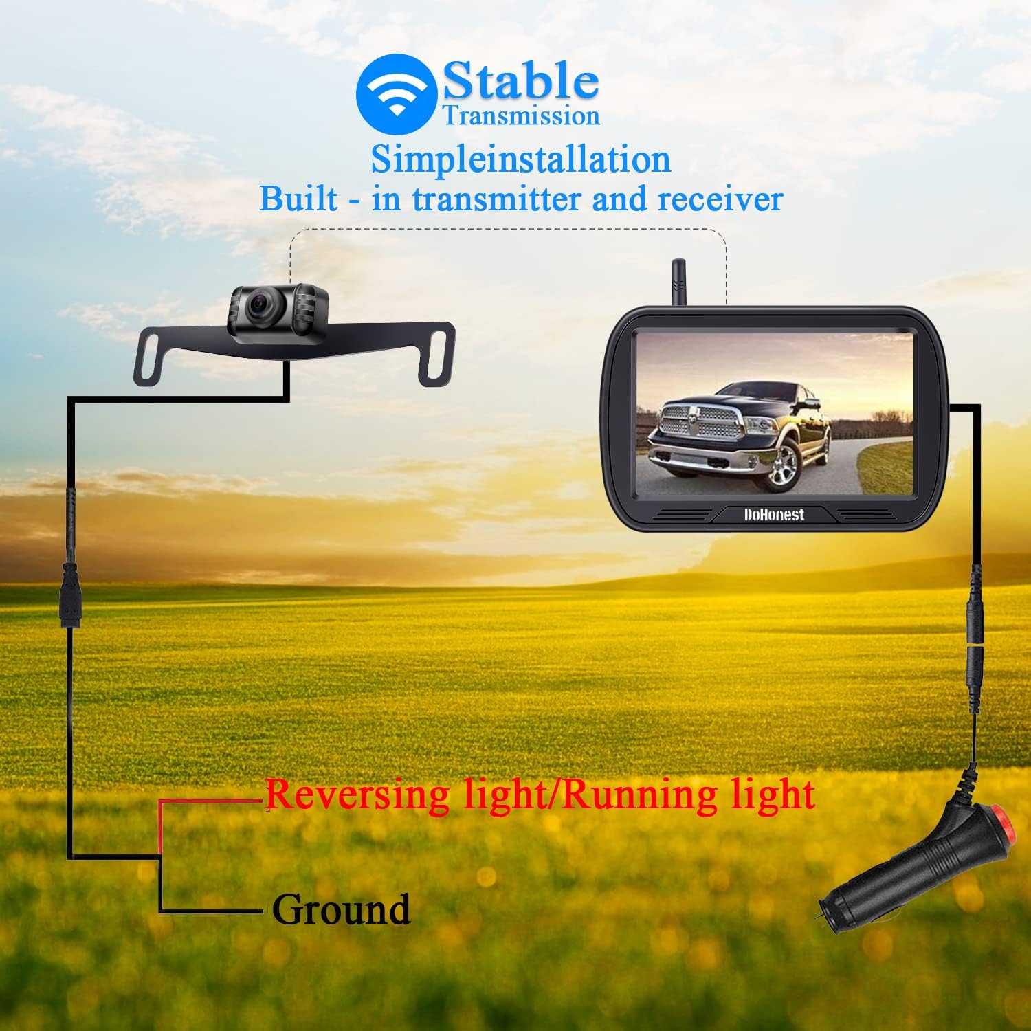 Wireless Backup Camera for Truck with 5'' Monitor, HD 1080P Bluetooth Rear View Camera Stable Digital Signals for Car SUV Pickup Sedan Support Add 2nd Licence Plate Camera/RV Camera -DoHonest S23